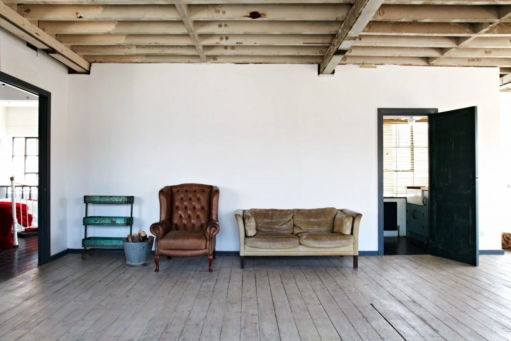 a living room with a wooden floor